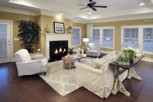 Living Room with Lit Fireplace and Décor