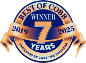 Circular badge with text: Best of Cobb Winner 7 Years, 2019–2025, Presented by Cobb Life Magazine, with a gold ribbon design.