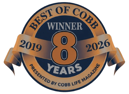 Circular badge with text: Best of Cobb Winner 8 Years, 2019-2026, Presented by Cobb Life Magazine, with a gold ribbon design.